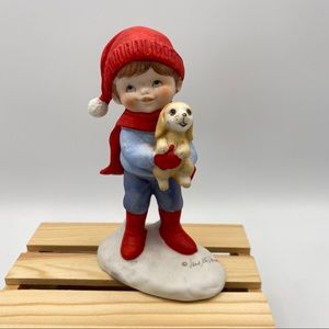 Vintage Jane McDowell Christmas Surprise Figurine Boy with Puppy